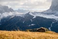 Wooden cottage in dolomities alps Italy