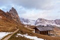 Wooden cottage in dolomities alps Italy