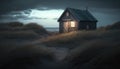 Wooden cottage, holiday home, autumn or winter out of season. Lights inside. View of Baltic sea far away. AI Generative