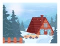 Wooden cottage houses, chalet in winter mountains. Ski resort hotel in pine Royalty Free Stock Photo