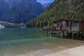 Wooden cottage on Lake Braies in the Italian Dolomiti Mountains