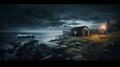 Wooden cottage in the middle of the storm