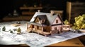 Wooden cottage miniature model on an architect\'s table