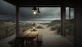 Wooden veranda with table and old electric lamp and candle. View of gloomy Baltic sea and dunes, AI Generative