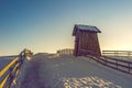 Wooden cottage in winter.