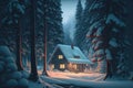 Wooden cottage in winter forest surrounded by snow covered pine