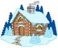 Wooden Cottage In Winter Landscape