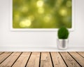 Wooden counter with greenery view from window