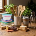On a wooden counter. Wooden utensils a whisk in a ceramic holder and Royalty Free Stock Photo