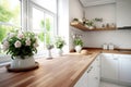Wooden Countertop Against Defocused White Kitchen. Generative AI Royalty Free Stock Photo