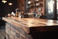 Wooden Countertop with Blurred Barbershop and Hairdresser Workplace. Generative Ai