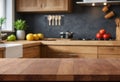 A wooden countertop in a kitchen is positioned next to a window. The countertop is clean and well-maintained, adding a