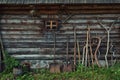 Wooden barn wall texture and farming tools