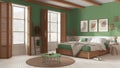 Wooden country bedroom in white and green tones. Mater bed with blanket. Windows with shutters and parquet floor, carpet and