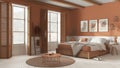 Wooden country bedroom in white and orange tones. Mater bed with blanket. Windows with shutters and parquet floor, carpet and