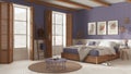 Wooden country bedroom in white and purple tones. Mater bed with blanket. Windows with shutters and parquet floor, carpet and