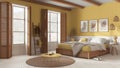 Wooden country bedroom in white and yellow tones. Mater bed with blanket. Windows with shutters and parquet floor, carpet and