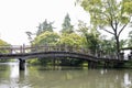 The wooden country bridge across river in forest