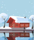 Wooden country house on lake. Building facade is reflected in mirror surface of water. Flat cartoon vector illustration of winter Royalty Free Stock Photo