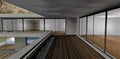 Wooden covered terrace at night. Modern advanced home designed in a minimalist style. Emergency lighting in the premises. 3d