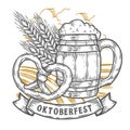 Wooden craft beer mug, pretzel, wheat. Happy oktoberfest. Royalty Free Stock Photo