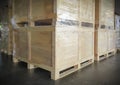 Wooden Crate Boxes Stacked on Pallets in Storage Warehouse. Supply Chain. Storehouse Distribution. Shipping Supplies Warehouse Royalty Free Stock Photo