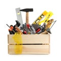 Wooden crate with different carpenter`s tools isolated