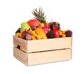 Wooden crate with exotic fruits on white background Royalty Free Stock Photo