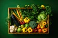 Wooden crate of farm fresh vegetables with cauliflower, tomatoes, zucchini, turnips and colorful sweet bell peppers on a Royalty Free Stock Photo