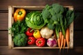 Wooden crate of farm fresh vegetables with cauliflower, tomatoes, zucchini, turnips and colorful sweet bell peppers on a Royalty Free Stock Photo