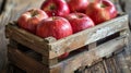 A wooden crate filled with red apples on a table, AI Royalty Free Stock Photo