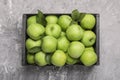 Wooden crate with fresh green apples on grey textured table, top view Royalty Free Stock Photo