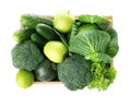 Wooden crate full of fresh green fruits and vegetables on white background Royalty Free Stock Photo