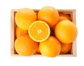 Wooden crate full of fresh oranges, top view Royalty Free Stock Photo