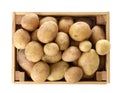 Wooden crate full of fresh raw potatoes on white background Royalty Free Stock Photo