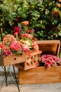 Wooden crate overflowing with vibrant, fresh flowers in shades of red, orange and white