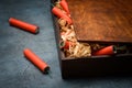 Wooden crate with red dynamite sticks Royalty Free Stock Photo