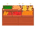 Wooden crates with fresh vegetables and fruits display. Market stall with tomatoes, bananas, oranges vector illustration Royalty Free Stock Photo