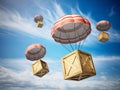 Wooden crates in the sky being delivered with parachutes. 3D illustration