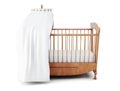 Wooden crib with canopy isolated on white background. 3d rendering