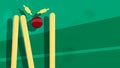 Wooden cricket goal breaks red ball. Wicket with upper crossbars scatters to sides from athlete precise throw. Background sports