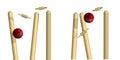 wooden cricket goal breaks red ball. Wicket with upper crossbars scatters to sides from athlete precise throw. Isolated 3D vector