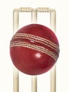 Wooden cricket stump, balls, bails isolated on white background, cricket match, bowling, hit stump, stump hit by ball Royalty Free Stock Photo