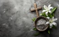 Wooden cross, ashes bow, and lily flowers branch on concrete stone background. Faith, liturgy, funeral, .cremation, religious Royalty Free Stock Photo