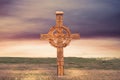 A wooden cross in a beautiful landscape Royalty Free Stock Photo