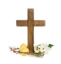 Wooden cross, blossom lily, Easter eggs and crown of thorns Royalty Free Stock Photo