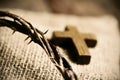 Wooden cross and the crown of thorns of Jesus Christ Royalty Free Stock Photo