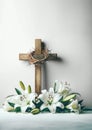 Wooden Cross with Crown of Thorns and White Lilies, Symbolizing Easter and Christian Faith Royalty Free Stock Photo