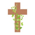 Wooden cross decorated with green branches. Easter Royalty Free Stock Photo