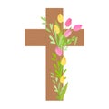 Wooden cross decorated with tulips. Easter Royalty Free Stock Photo